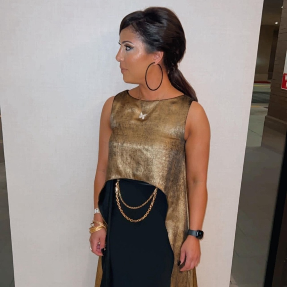 Beautiful Badgley Mischka Gold Cape Gown worn once and in great shape!